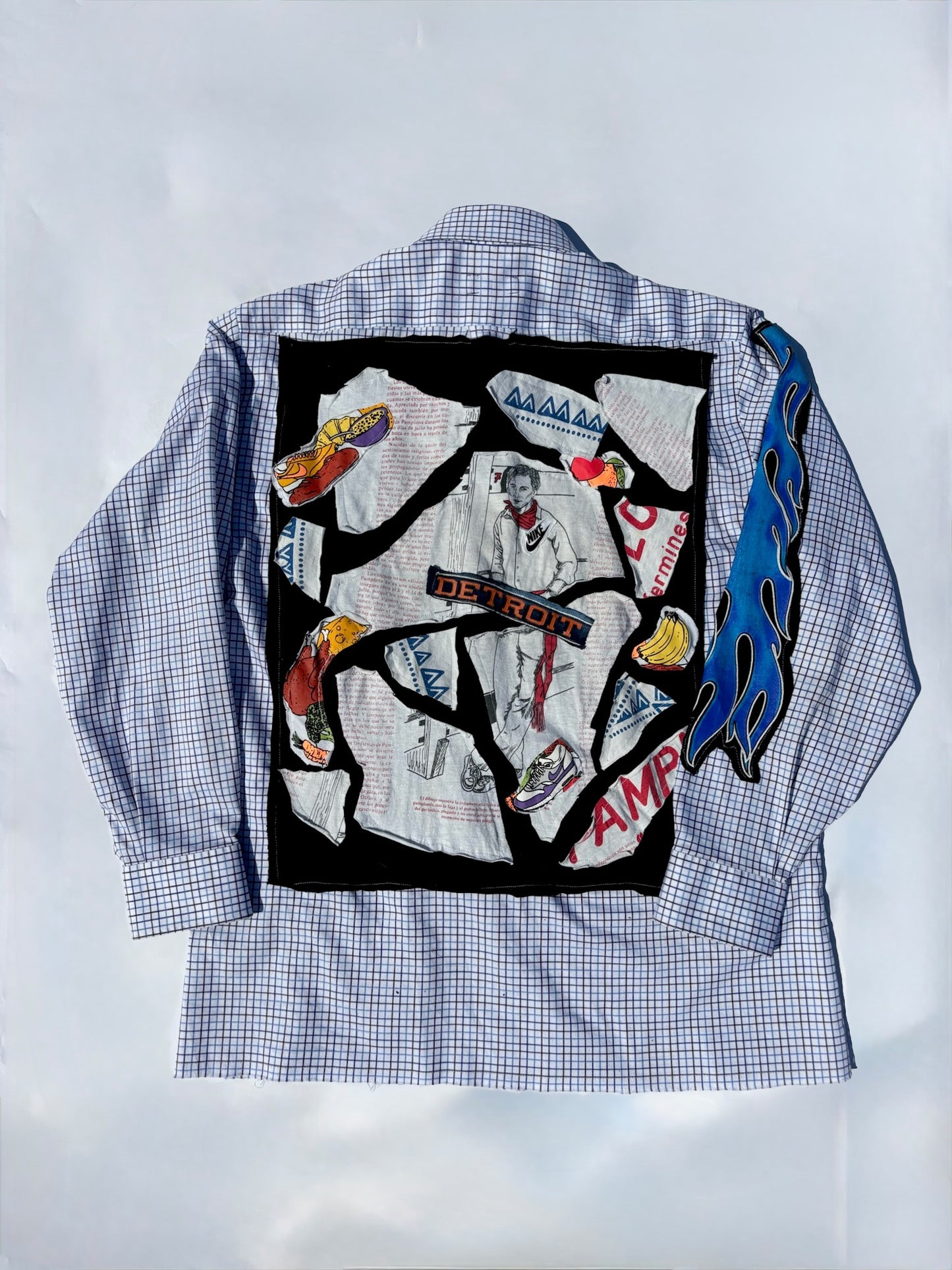 Reworked Vintage Plaid Button-Down Shirt with Graphic Appliqué Details