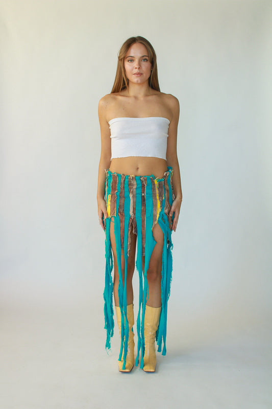 Turquoise Denim Fringe Skirt