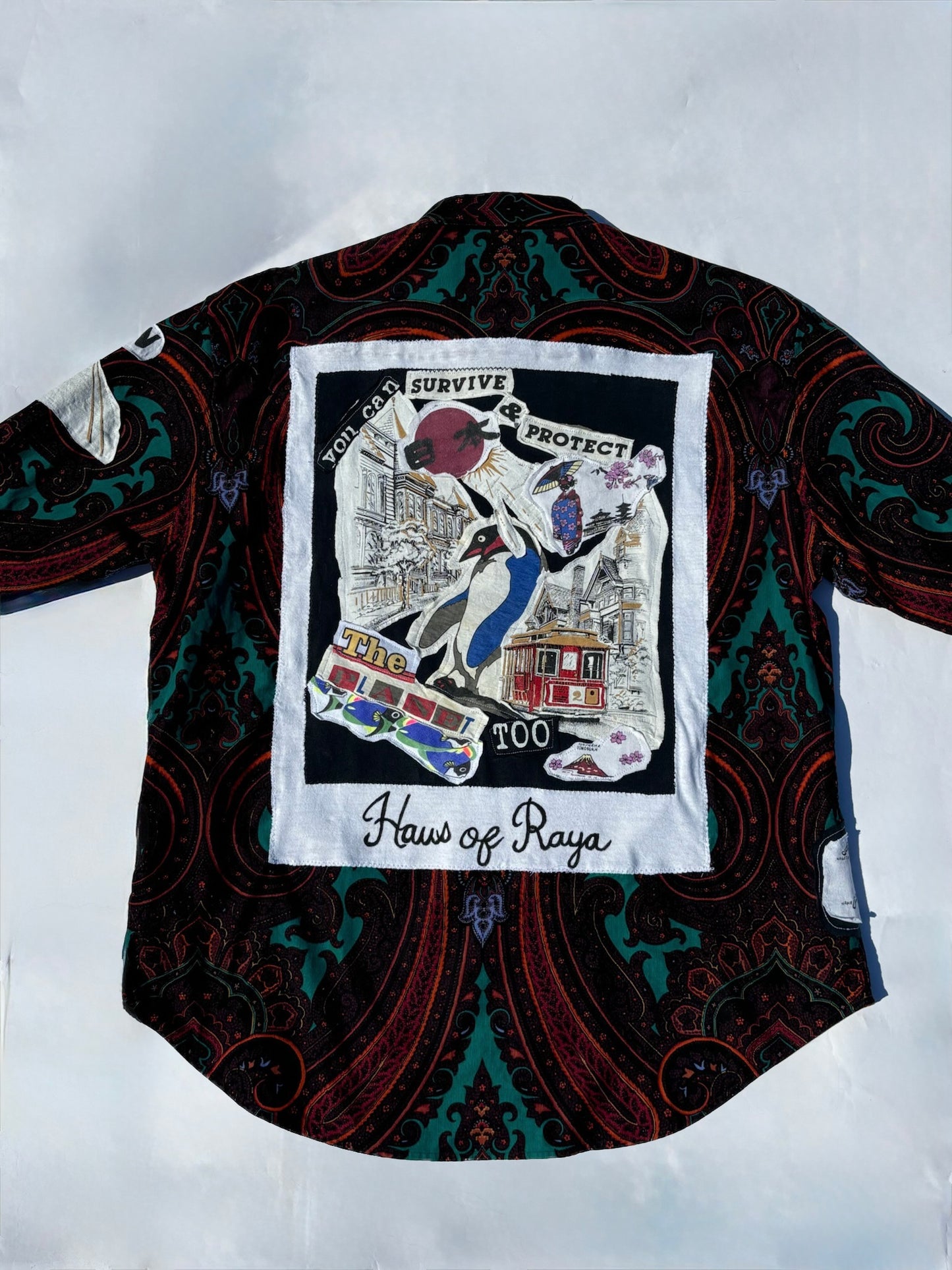 Reworked Vintage Plaid Button-Down Shirt with Graphic Appliqué Details