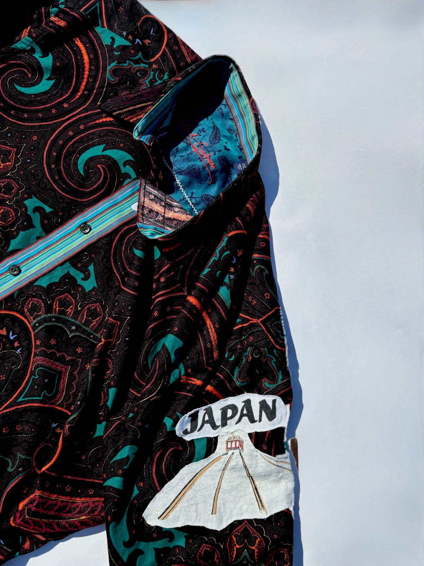Reworked Vintage Plaid Button-Down Shirt with Graphic Appliqué Details
