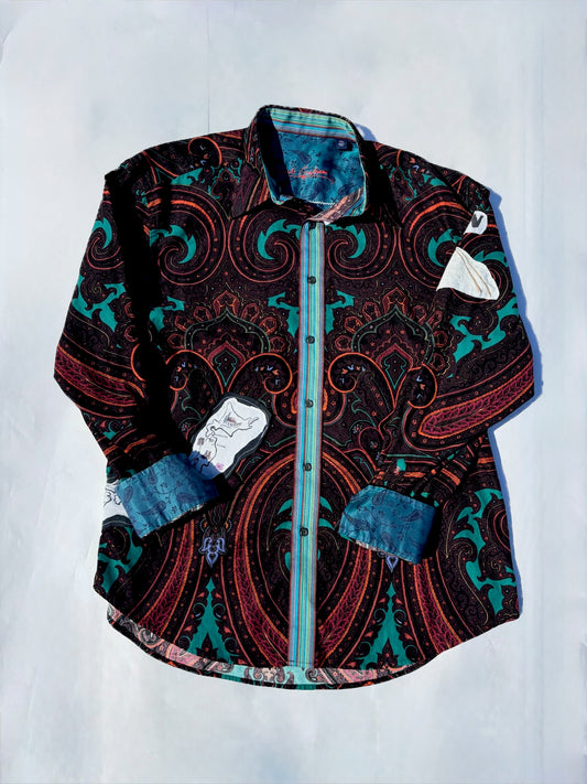 Reworked Vintage Plaid Button-Down Shirt with Graphic Appliqué Details