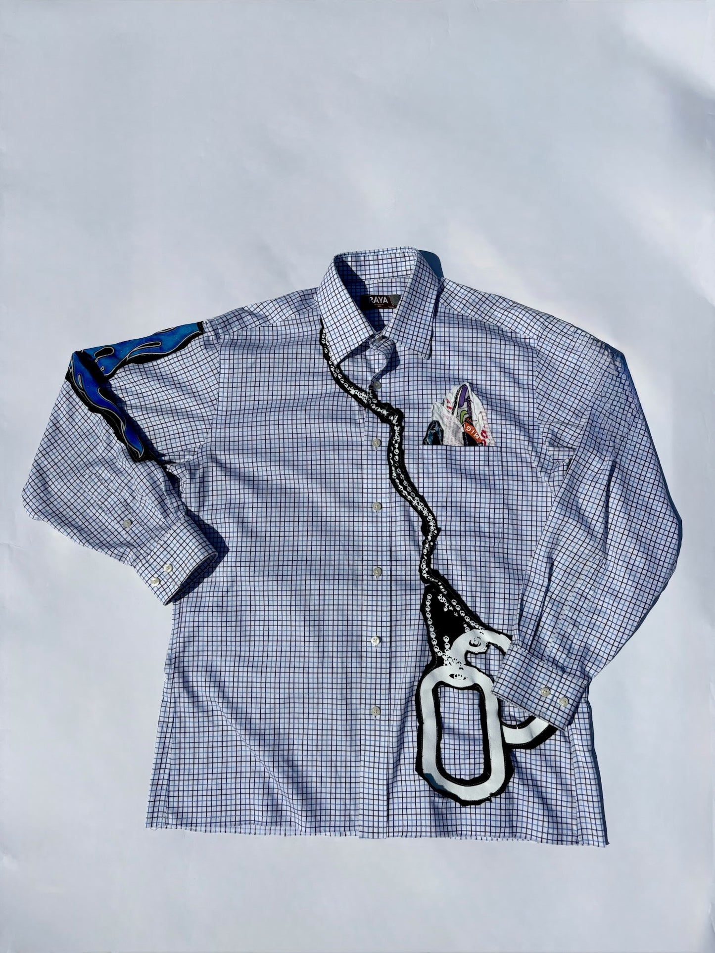 Reworked Vintage Plaid Button-Down Shirt with Graphic Appliqué Details