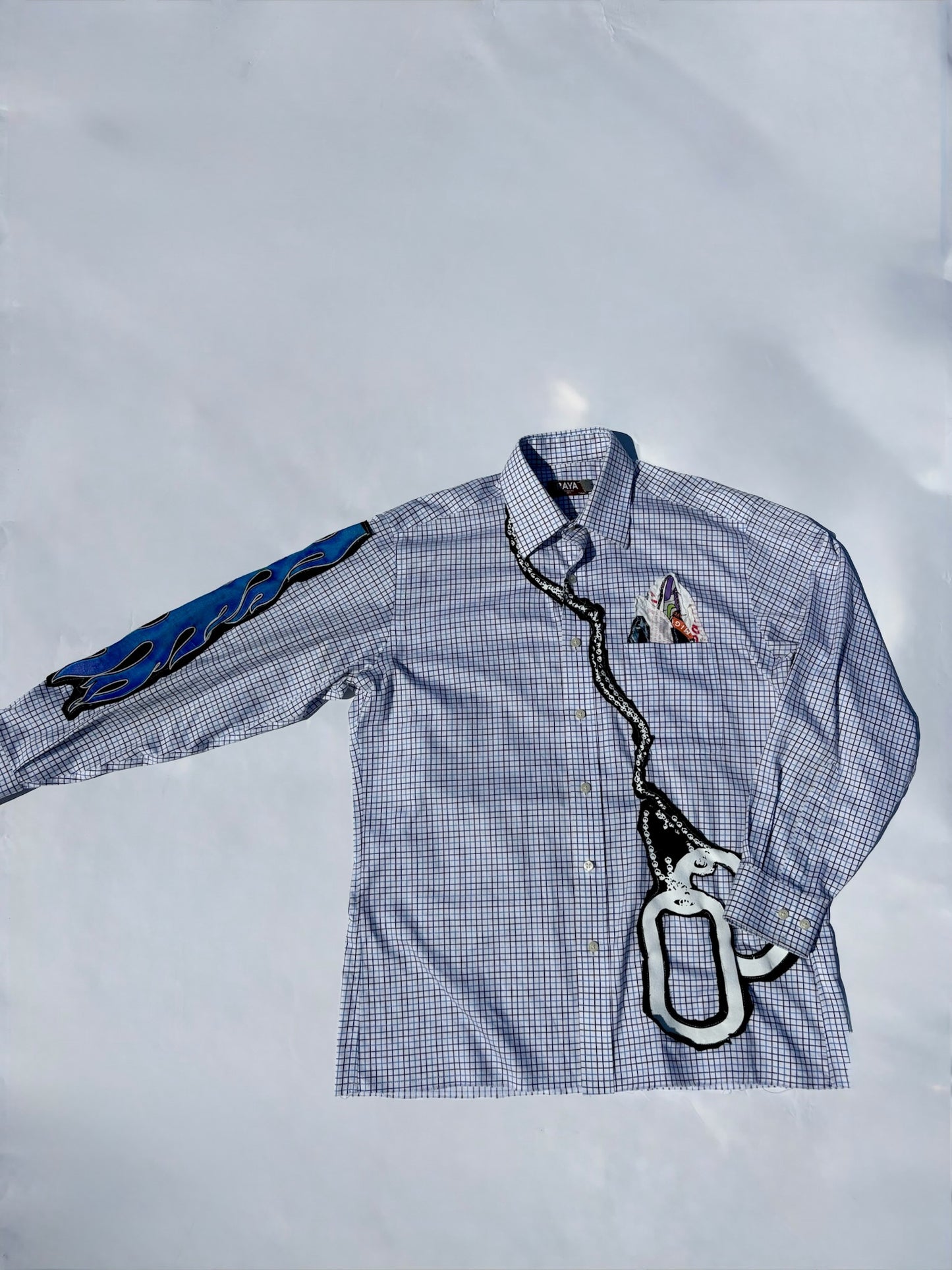 Reworked Vintage Plaid Button-Down Shirt with Graphic Appliqué Details