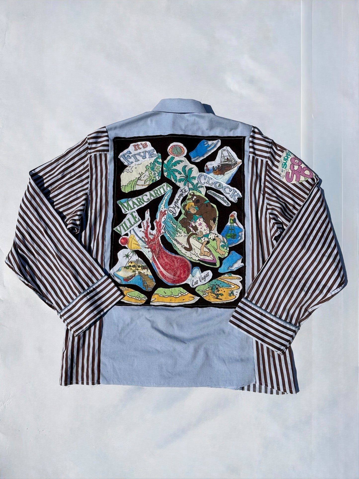 Reworked Vintage Plaid Button-Down Shirt with Graphic Appliqué Details