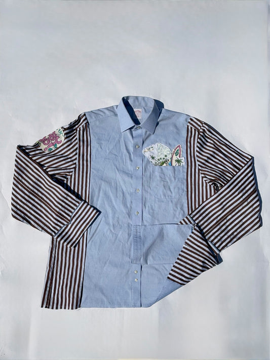 Reworked Vintage Plaid Button-Down Shirt with Graphic Appliqué Details